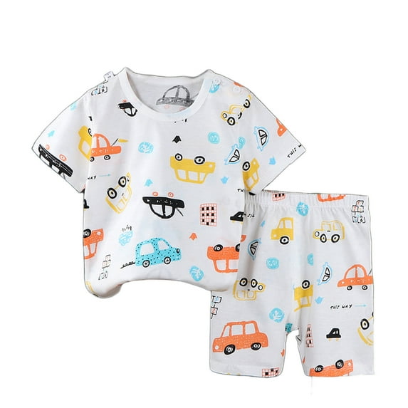 Odeerbi Infant Boys 2 Piece Outfits Cartoon Cotton T-shirt Shorts Set Summer Clothes Short Sleeve Tops Shorts Two-piece Set White