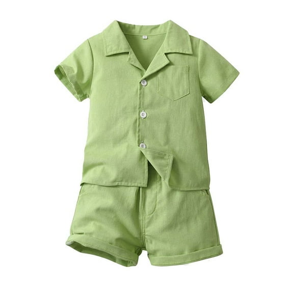 Odeerbi Infant Boys 2 Piece Outfits Cotton Notched Lapel Shirt Shorts Set Summer Clothes Lapel Casual Short Sleeve Shirt Elasticized Shorts Two-piece Set Mint Green