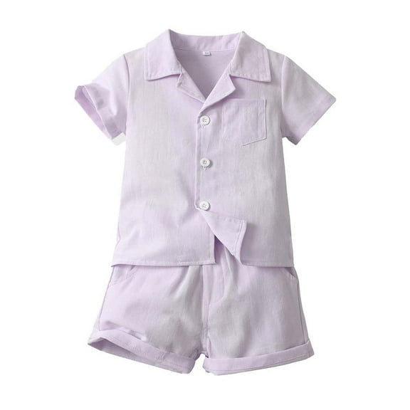 Odeerbi Infant Boys 2 Piece Outfits Cotton Notched Lapel Shirt Shorts Set Summer Clothes Lapel Casual Short Sleeve Shirt Elasticized Shorts Two-piece Set Purple