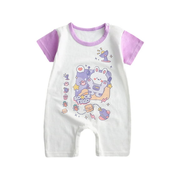 Odeerbi Infant Boys Cotton Rompers Cartoon Print Jumpsuit Baby Clothes 1-12M Baby Crawling Clothes Summer Thin Short Sleeve Bodysuit Purple