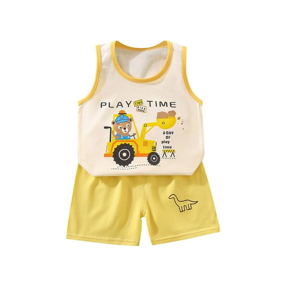 Odeerbi Infant Boys Girls 2 Piece Outfits Cartoon Cotton Tank Tops Shorts Set Summer Clothes Fashion Casual Short Sleeve Round Neck Collar Botton Printed Blouse Short Pants Sets Beige