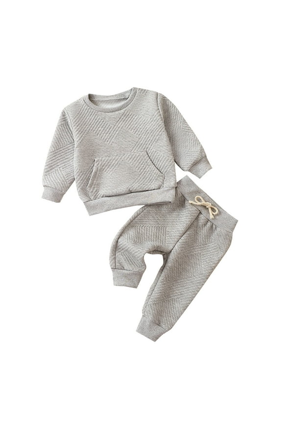 Infant Boys Girls 2 Piece Outfits Cotton Sweatshirt Sweatpants Set Sweatsuits Cute Tracksuit Spring Fall Clothes Solid Color Long Sleeve Pullover Set 3 Months-3 Years Gray