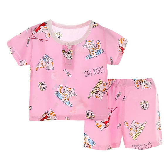 Odeerbi Infant Boys Girls 2 Piece Pajamas Set Cartoon Cotton Sleepwear Children's Summer Home Clothing Round Neck Short Sleeve Shorts Two-Piece Set Pink