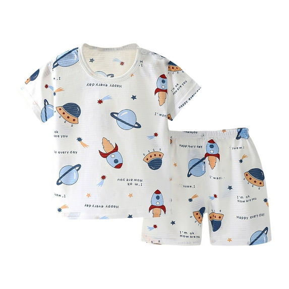 Odeerbi Toddler Boys Girls 2 Piece Pajamas Set Kids Cartoon Printed Short Sleeve Cotton Sleepwear Blue