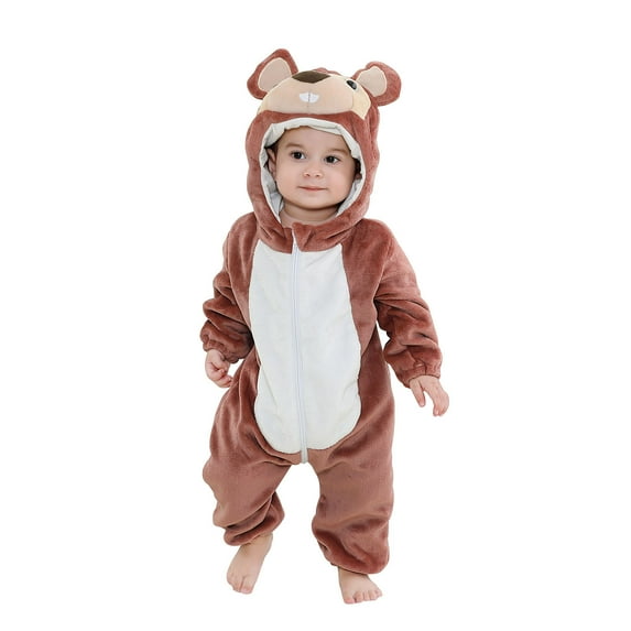 Odeerbi Infant Boys Girls Animal Dress Up Clothes Flannel Fleece Jumpsuits Winter Thermal Hooded Rompers Infant Cute Bodysuit Long Sleeve Hooded Onesie Infant Clothes Brown