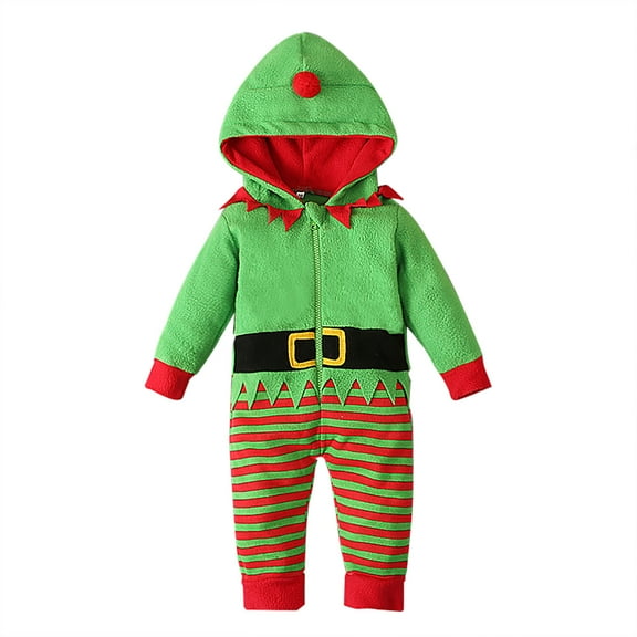 Odeerbi Infant Boys Girls Christmas Santa Claus Jumpsuit Winter Thermal Fleece Romper Kids Christmas Stripe Cute Long Sleeve Bodysuit Onesie Infant Clothes Green