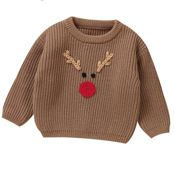 Odeerbi Infant Boys Girls Christmas Sweater Cute Winter Thermal Knit Crewneck Sweater Baby Christmas Crochet Embroidered Knitted Tops Baby Sweaters Infant Clothes Khaki