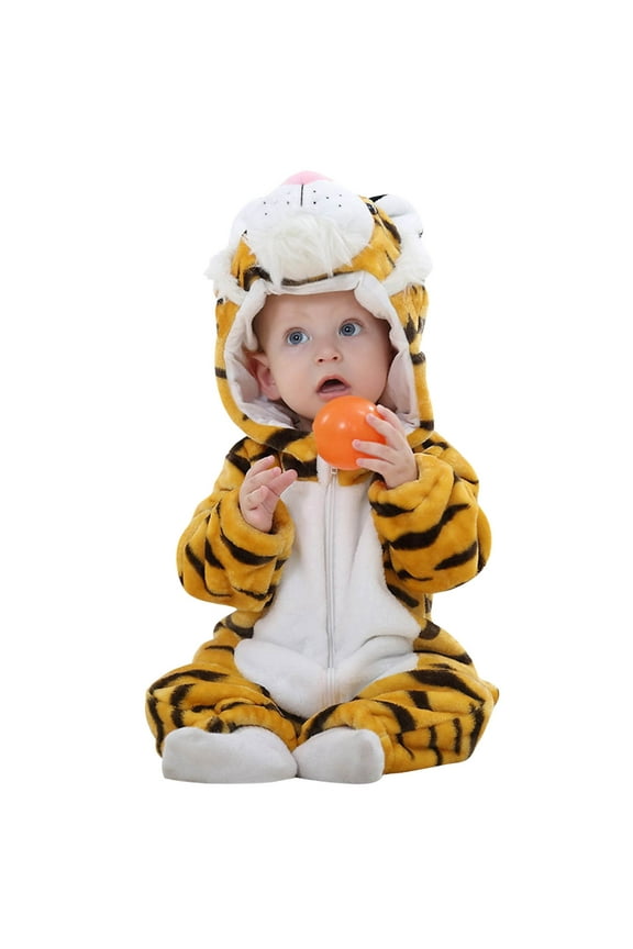Infant Boys Girls Clothes Animal Dress Up Clothes Winter Flannel Fleece Thermal Rompers Tiger Hooded Jumpsuits Baby Crawling Suit Long Bodysuit Baby Newborn Onesie Khaki
