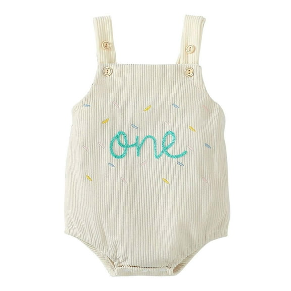 Odeerbi Infant Boys Girls Clothes Corduroy Embroidered Rompers Summer Jumpsuits Baby Cute Suspender Bodysuit Sleeveless Short Crawling Onesie Beige