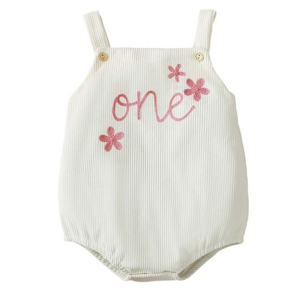 Odeerbi Infant Boys Girls Clothes Corduroy Embroidered Rompers Summer Jumpsuits Baby Cute Suspender Bodysuit Sleeveless Short Crawling Onesie White