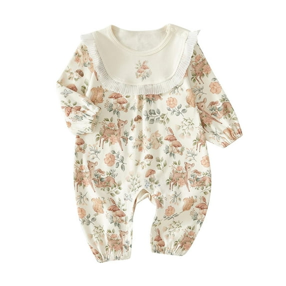 Odeerbi Infant Boys Girls Clothes Cotton Rompers Floral Jumpsuits Baby Short Sleeve Printed Color T-shirt Round Neck Onesie Bodysuit White