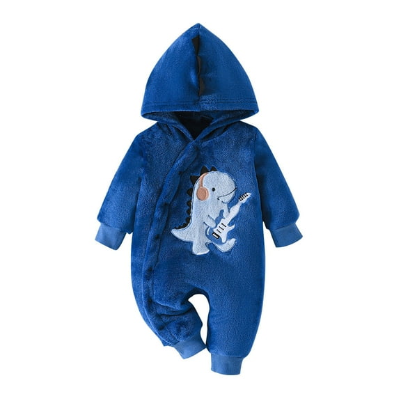 Odeerbi Infant Boys Girls Clothes Dinosaur Rompers Winter Thermal Flannel Hooded Jumpsuits Baby Spring New Long Sleeve Plush Printed Onesie Bodysuit Blue