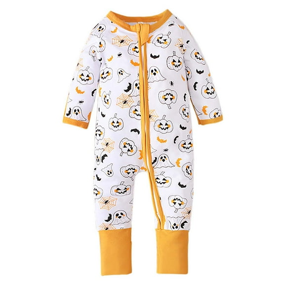 Odeerbi Infant Boys Girls Clothes Halloween Pumpkin Print Rompers Cotton Jumpsuits Unisex Long Sleeve Ribbed Striped Rooster Towel Embroidered Onesie Bodysuit Yellow