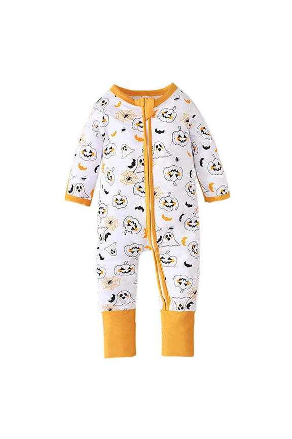 Infant Boys Girls Clothes Halloween Pumpkin Print Rompers Cotton Jumpsuits Unisex Long Sleeve Ribbed Striped Rooster Towel Embroidered Onesie Bodysuit Yellow