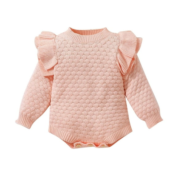 Odeerbi Infant Boys Girls Clothes Plaid Sweater Rompers Winter Thermal Jumpsuits Solid Color Ruffle Long Sleeve Round Neck Sweater Checkered Shirt Warm Thick Onesie Bodysuit Pink