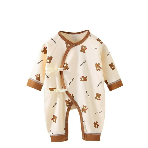 Odeerbi Infant Boys Girls Clothes Soft Cotton Rompers Spring Fall Cartoon Print Jumpsuits Baby Long Sleeve Printed Solid Color Onesie Round Neck Bodysuit Brown