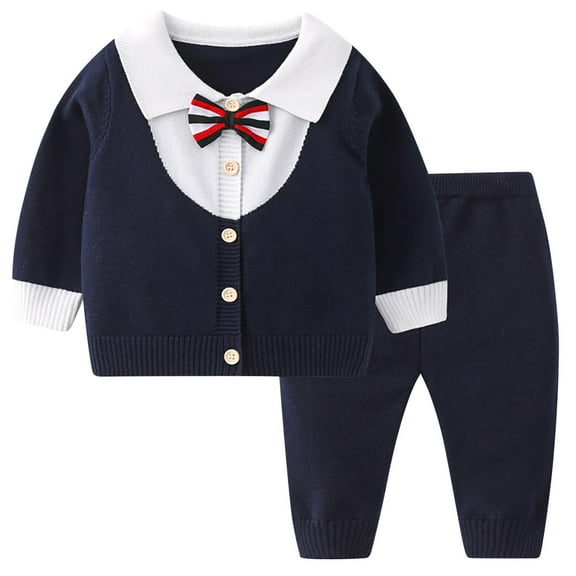 Odeerbi Infant Boys Girls Cotton Clothes Fall Winter Thermal Outfits Set Children's Casual Color Blocked Button Warm Sweater Long Sleeve Round Neck Knit Top Pants Two-piece Set Navy