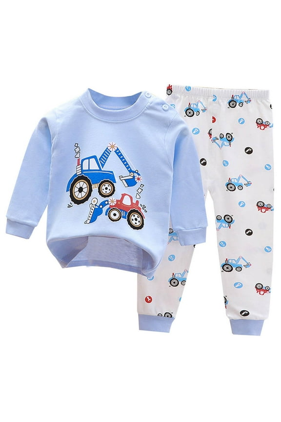 Infant Boys Girls Cotton Clothes Spring Fall Outfits Set Child Spring Cartoon Printed Round Neck Long Sleeve Tops Pants Sets Blue