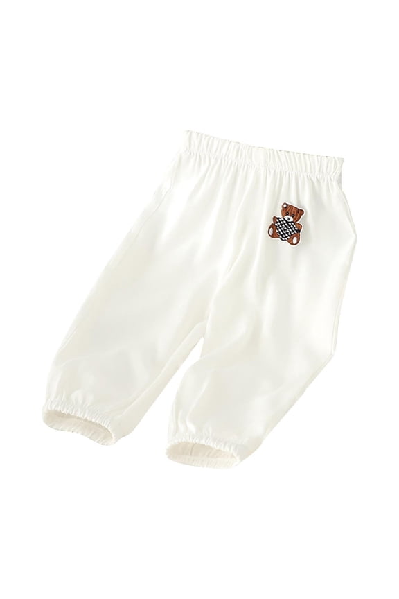 Infant Boys Girls Cotton Pajama Pants Sleepwear Bottoms Baby Summer Elastic Waist Teddy Bear Sleeping Pants Solid Color Long Pants White