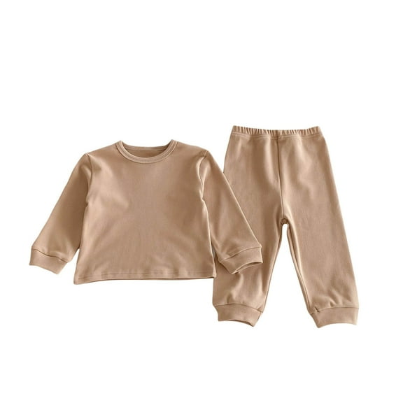 Odeerbi Infant Boys Girls Cotton Pajama Sets Solid Color Loungewear Children's Long Sleeves Round Neck Pajamas Khaki