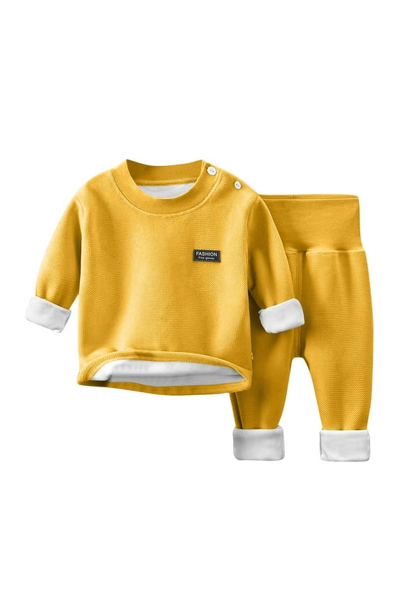 Infant Boys Girls Fleece Pajama Sets Fall Winter Thermal Pajamas Kids Long Sleeve Velvet Sleepwear Elastic Waist Long Pants Two-piece Lounge Set Infant Clothes Yellow