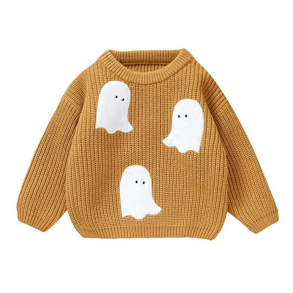 Odeerbi Infant Boys Girls Halloween Sweater Cute Winter Thermal Knit Crewneck Sweater Infant Halloween Ghost Pattern Knitted Tops Baby Holiday Sweaters Infant Clothes Yellow