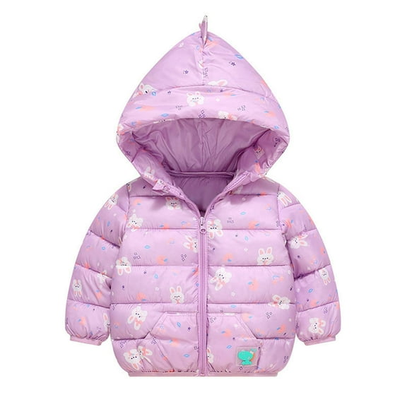Odeerbi Infant Boys Girls Hooded Puffer Jacket Cartoon Print Winter Coats Thermal Padded Coat Children's Fall Winter Warm Lightweight Solid Color Cotton Down Jacket Purple