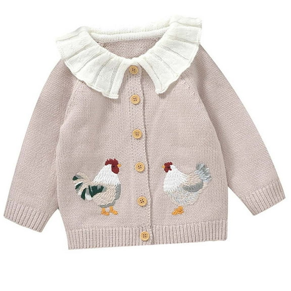 Odeerbi Infant Boys Girls Knit Cardigan Sweater Fall Winter Thermal Sweater Baby Lapel Cute Chicken Embroidered Knitted Sweater Cardigan Baby Versatile Tops Infant Clothes Khaki