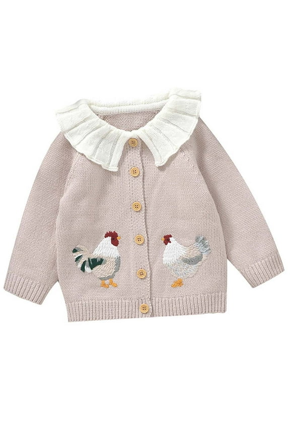 Infant Boys Girls Knit Cardigan Sweater Fall Winter Thermal Sweater Baby Lapel Cute Chicken Embroidered Knitted Sweater Cardigan Baby Versatile Tops Infant Clothes Khaki