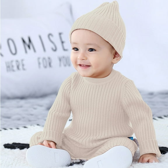 Odeerbi Infant Boys Girls Knit Sweater Outfits Baby Infant Keep Warm Sweater 2025 Long Sleeve Tops Pants Solid Color Clothes Hat Set Khaki 3-6 Months