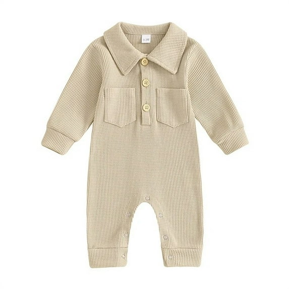 Odeerbi Infant Boys Girls Lapel Collar Romper Jumpsuit Baby Clothes Infant Baby Long Sleeve Solid Color T-Shirt Collar Neck Bodysuit with Pocket Khaki