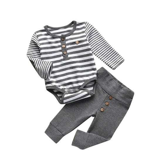 Odeerbi Infant Boys Girls Layette Set Long Sleeve Romper Jumpsuit Outfits Cotton Baby Clothes Infant Printed Solid Color T-Shirt Round Neck Bodysuit Sets Gray