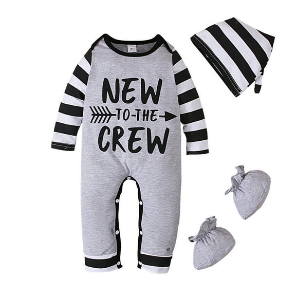 Odeerbi Infant Boys Girls Layette Set Long Sleeve Romper Jumpsuit Outfits Cotton Baby Clothes Spring Fall Letter Striped Onesie Long Crawling Shoe Covers Hats Three-piece Set Gray