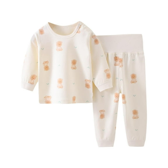 Odeerbi Infant Boys Girls Long Johns Cartoon Print Thermal Underwear Set Cotton Base Layer Set Winter Clothes Pajama Pants Set Long Sleeve Pajamas Sleeping Pants Home Clothes Beige