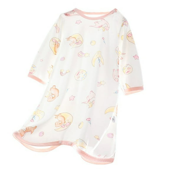 Odeerbi Infant Boys Girls Modal Cotton Nightgowns Summer Nightdress Child Thin Split Leg Rompers Round Neck Long Sleeve Button Printed Home Nightgown Pink