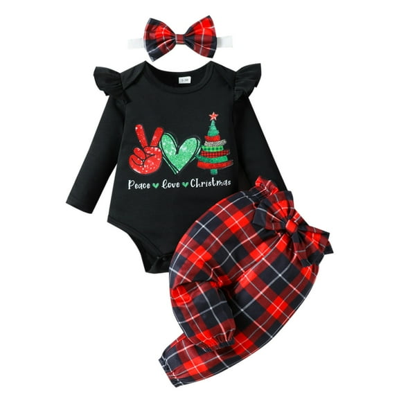 Odeerbi Infant Boys Girls Outfits Baby Layette Set Christmas Romper Cotton Jumpsuit Baby Long Sleeve Christmas Printed Round Neck Onesie Bodysuit Set Black