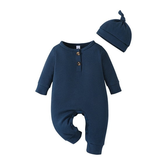 Odeerbi Infant Boys Girls Outfits Baby Layette Set Cotton Romper Jumpsuit Solid Color Round Neck Long Sleeves Triangular Shape Onesie Bodysuit Set Dark Blue