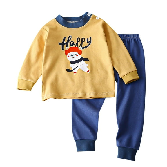 Odeerbi Infant Boys Girls Pajama Sets Soft Cotton Long Johns Cartoon Printed Base Layer Set Thermal Underwear Set Casual Collar Long Sleeve Tops Printed Long Pants Outfit Sets Yellow