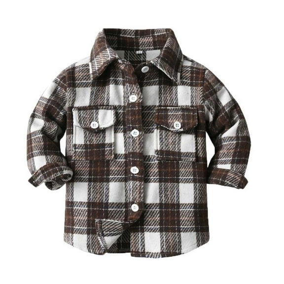 Odeerbi Infant Boys Girls Plaid Shacket Jacket Kids Toddler Flannel Shirt 2025 Long Sleeve Plaid Jacket Baby Fall Shirt Coat Outwear Coffee 3-6 Months