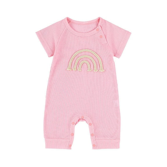 Odeerbi Infant Boys Girls Rainbow Pattern Romper Jumpsuit Baby Clothes Child's Baby Botton Short Sleeve Round Neck Cute Solid Color Shorts Bodysuits Pink