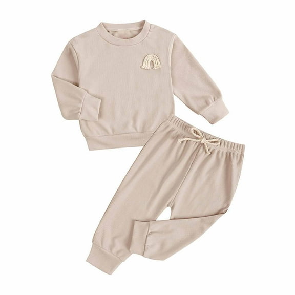 Odeerbi Infant Boys Girls Rib Cotton Outfits Fall Winter Round Neck Embroidered 2025 Long Sleeve Tops Pants Baby Stripe Set Home Set Khaki 9-12 Months