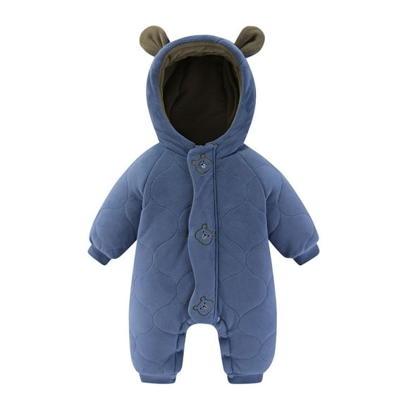 Odeerbi Infant Boys Girls Snowsuits Winter Thermal Puffer Jumpsuit Quilted Down Romper Baby's New Long Sleeve Thick Warm Hooded Bodysuit Printed Onesie Infant Clothes Blue