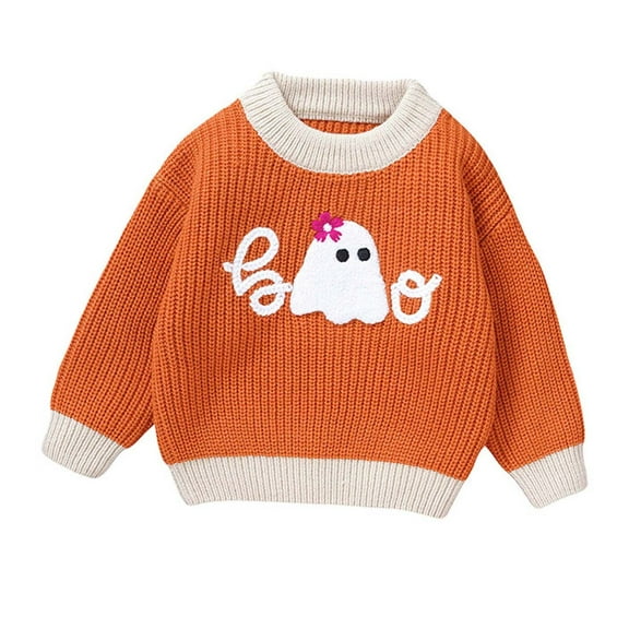 Odeerbi Infant Boys Girls Thanksgiving Sweater Cute Winter Thermal Knit Crewneck Sweater Infant Halloween Ghost Pattern Knitted Tops Baby Holiday Sweaters Infant Clothes Orange