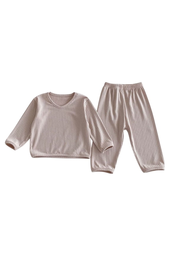 Infant Boys Girls Thermal Underwear Set Soft Cotton Long Johns Solid Color Base Layer Set Solid Color Striped Loose Home Clothes Long Sleeve Top Pants Two-piece Outfit Set Khaki