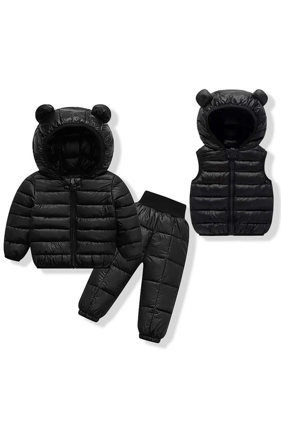 Infant Boys Girls Thermal Winter Outfits Snowsuits Hooded Puffer Jacket Quilted Padded Pants Down Vest Three Piece Set Lightweight Outerwear Set Infant Clothes Black