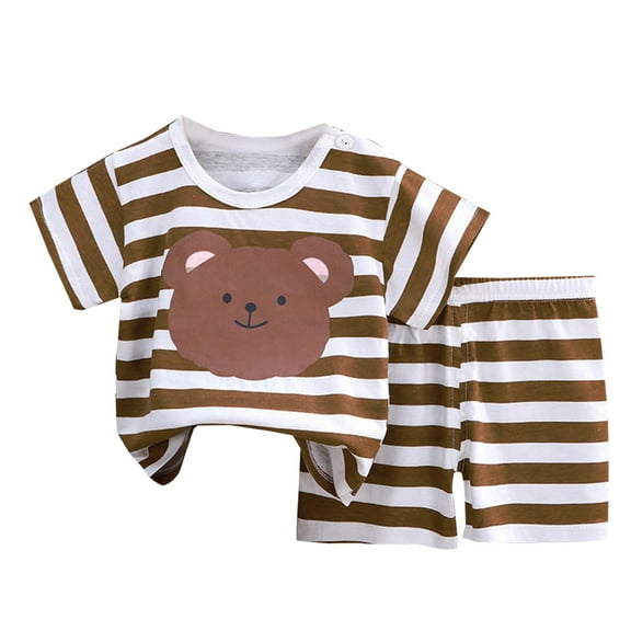 Odeerbi Infant Boys Girls Two Piece Outfits Cotton Summer Clothes Child Cartoon Printing Round Neck Short Sleeve Tops Shorts Sets Brown
