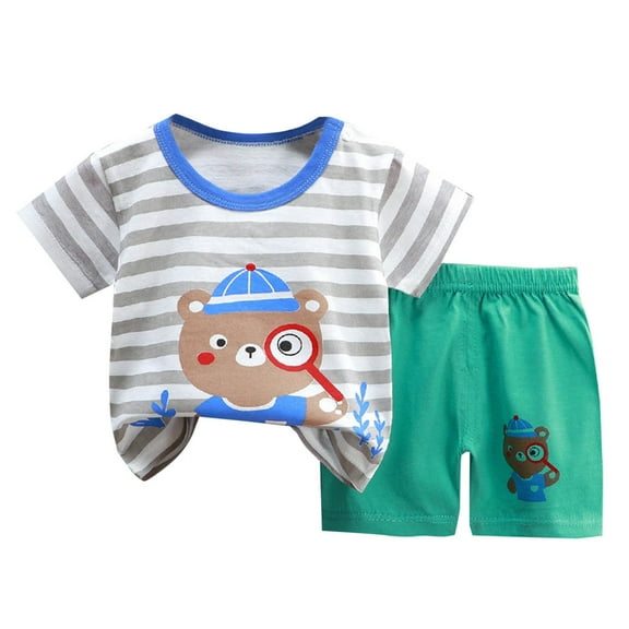 Odeerbi Infant Boys Girls Two Piece Outfits Cotton Summer Clothes Child Cartoon Printing Round Neck Short Sleeve Tops Shorts Sets Gray