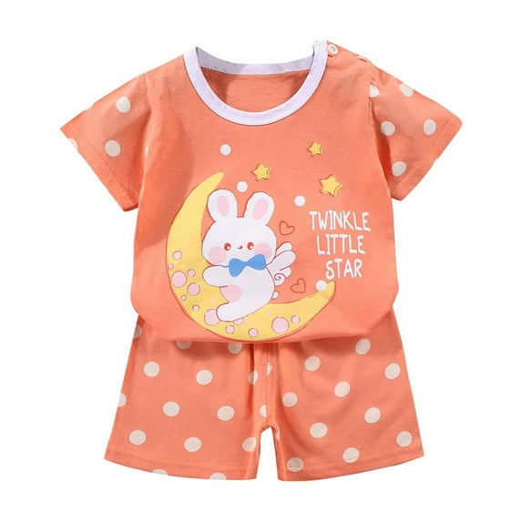 Odeerbi Infant Boys Girls Two Piece Outfits Cotton Summer Clothes Fashion Casual Cartoon Printed Round Neck Short Sleeve Tops Printed Shorts Set Orange
