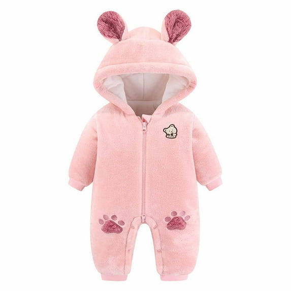 Odeerbi Infant Boys Girls Winter Warm Flannel Romper Jumpsuit Fleece Snowsuits Baby Clothes Infant Baby Solid Color Plush Cute Bear Ears Winter Thick Keep Warm Bodysuit Pink