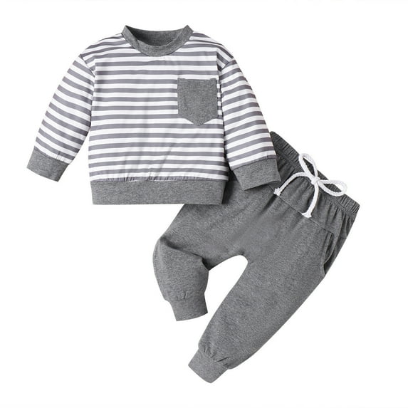 Odeerbi Infant Boys Stripe Cotton Sweatsuit Long Sleeve Stripe Top Pants Gray Sweatshirt Casual Set Homewear Set Gray 0-6 Months